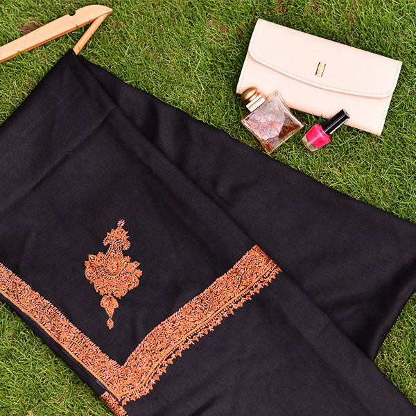 Midnight Black Pashmina Classic Exuberant Border and Motif