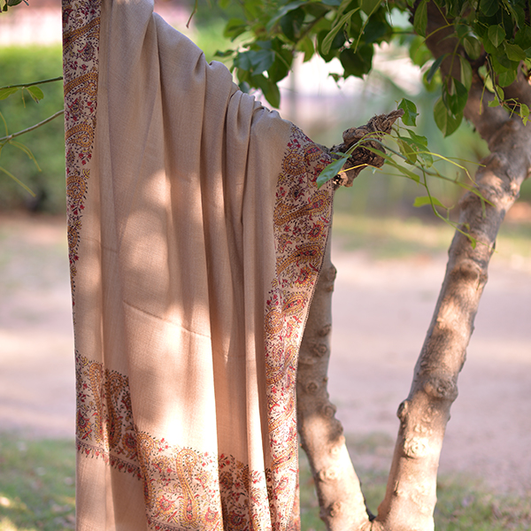 Sandy Beige Classic Pashmina Kalamkari Embroidered Border