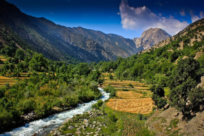 Kalash Valley in Chitral District, showing village settlements surrounded by the  Hindu Kush mountains